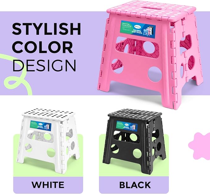 Dyforce Folding Step Stool 13 Inch,300lbs Foldable Stool for Adults & Kids | Stepping Stool Pink,Non-Slip Plastic Compact Foot Stool with Carry Handle,Lightweight for Bathroom Kitchen Bedroom Garden