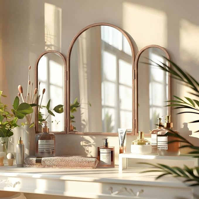 Trifold Vanity Mirrors 3 Way, 30 x 37 in Adjustable Trifold Mirror for Bathroom Bedroom, Decorative Folding 3 Sided Mirror Wall Mounted for Braiding Hair Makeup(Arched,Vintage Gold)