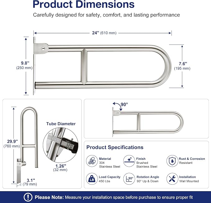 24 Inch Toilet Grab Bar-304 Stainless Steel Flip Up Handrail | Brushed finish | Wall mounted | 1.25 inch grip | Space saving fold up design | Template & hardware included