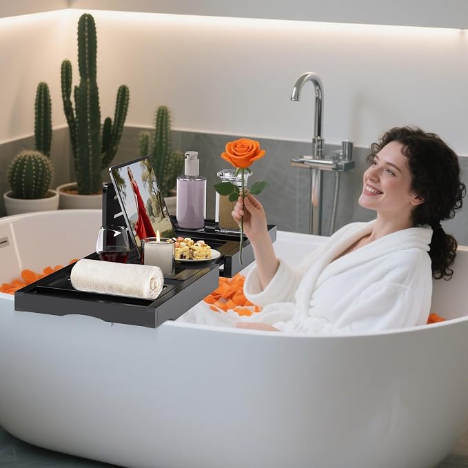 Bathtub Tray Caddy, Bamboo Expandable Bath Tray for Tub | Foldable Bath Table Trays, Bathtub & Bathroom Accessories for New Home & Mothers, Birthday Gifts for Mom, Black
