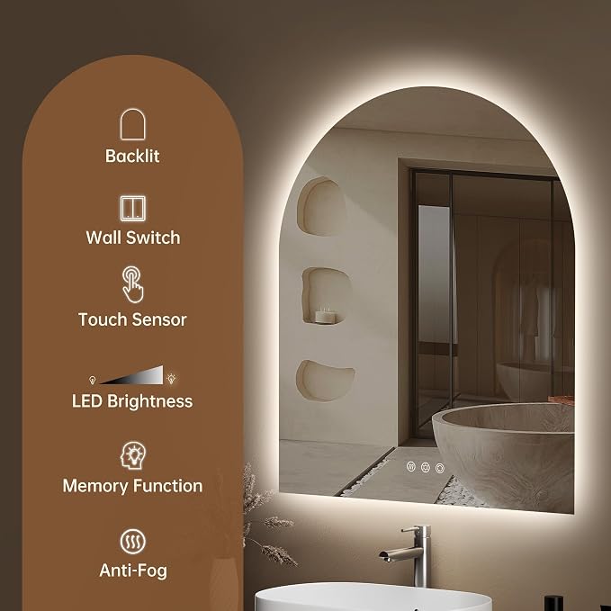 30"x36" Arched LED Lighted Bathroom Mirror with Lights | Fogless, Dimmable, Shatterproof, Touch Sensor, 3 Color Changing