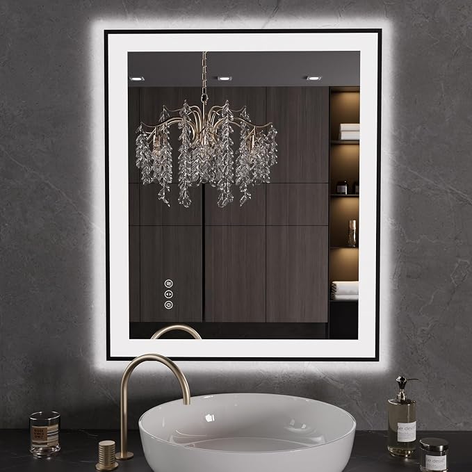 LOAAO 30"X36" LED Bathroom Mirror Black Framed | Anti-Fog, Dimmable, Memory Function, Tempered Glass, Lighted Vanity Mirror for Wall