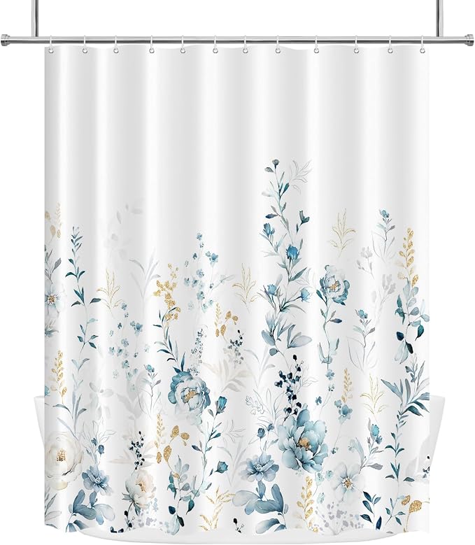 Tititex Aesthetic Blue Floral Shower Curtain, Watercolor Gold Leaves Plant Bathroom Decoration Shower Curtain Sets 71x71 Inch with Hooks