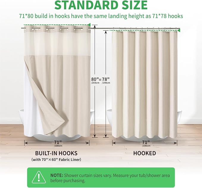 eachope No Hook Linen Texture Shower Curtain with Snap-in Liner,71x80 Cream | 230GSM Thick Fabric,Hotel Luxury Decor,Mesh Top Window,Magnetic Weighted Hem,Waterproof & Machine Washable,for Bathroom