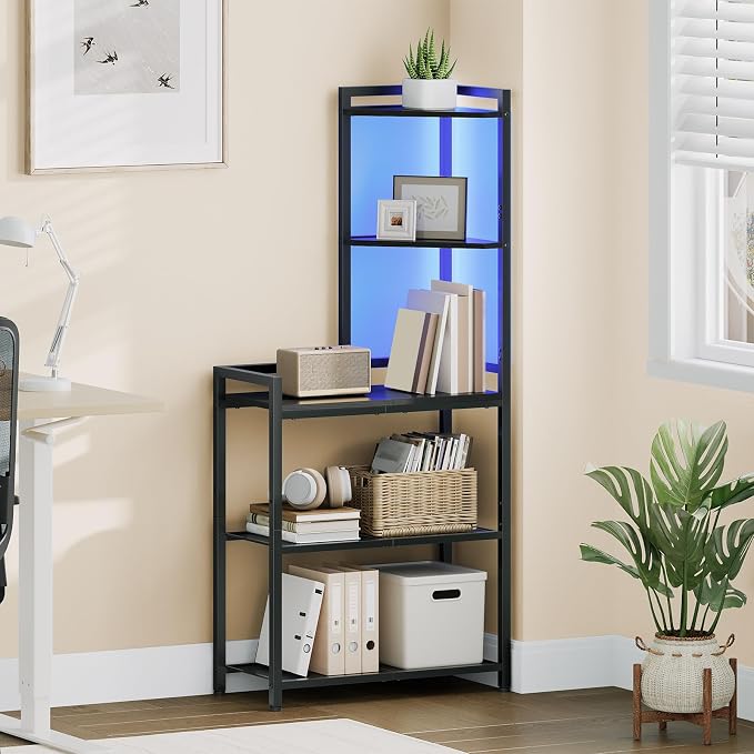 HOOBRO 5-Tier Corner Shelf Stand, Corner Shelf with LED Light, 56.3" Tall Corner Bookshelf, Display Rack Storage Organizer with Table, for Small Spaces, Living Room, Entryway, Black BB69DCJ01