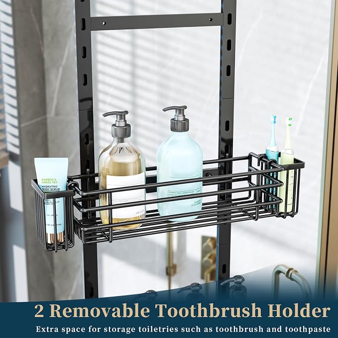 Consumest Over The Door Shower Caddy - 5 Tier Adjustable Shower Organizer Hanging with 2 Toothbrush Holders & 4 Hooks, Rustproof Organizer Shelf, Storage Rack for Bathroom, Black