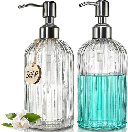JASAI 2PACK 18 Oz Glass Soap Dispenser with Rust Proof Stainless Steel Pump | Refillable Hand Soap Dispenser with Vertical Stripe, Premium Bathroom soap Dispenser for Kitchen & Bathroom.