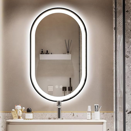 Oval LED Bathroom Mirror, Backlit + Front Lit Mirror Black Frame | 3 Color Dimmable, Anti-Fog, 40"x24", Memory Function, Shatter-Proof, HD Glass, Pill-Shaped Mirror, Vertical or Horizontal