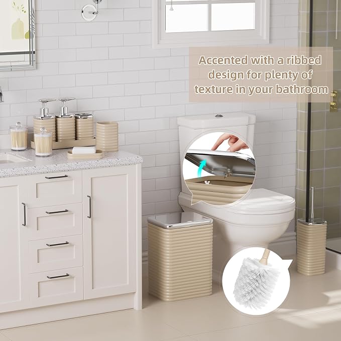 Bathroom Set - 25PC Bathroom Sets with Shower Curtain and Rugs, Beige Bathroom Set, Bathroom Accessory Set, Luxury Bathroom Accessories Set, Trash Can, Toilet Brush, Soap Dish & Soap Dispenser