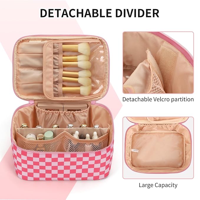 Makeup Bag Portable Cosmetic Bag For Women, Large Capacity Travel Makeup Case Organizer, Toiletry Bag for Girls Traveling With Handle and Divider-Pink