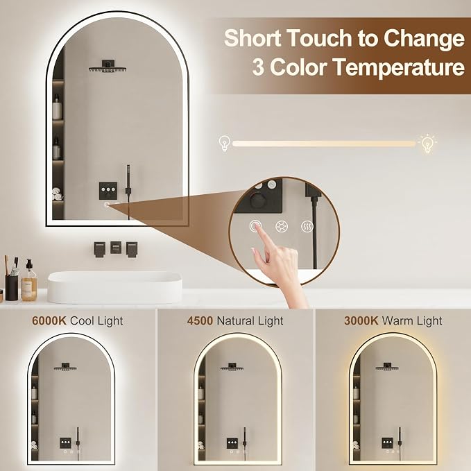 24"x36" Arched LED Lighted Bathroom Mirror with Lights | Black Aluminum Frame, Fogless, Dimmable, Shatterproof, Touch Sensor, 3 Color Changing