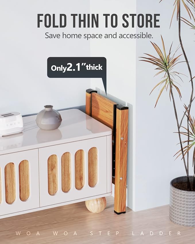 2 Step Foldable Step Stool, 300lbs Load, Wood Grain | Folded 26''H x 3''T; Net 5.9 lbs; Non-Slip Feet: Wood/Tile/Carpet; Rigid Aluminum Steps; No Assembly; Ready From Box.