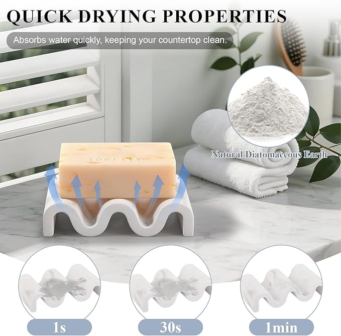 Diatomite Soap Dish Bar Soap Holder Wave Texture Sponge Tray, Marble White | Quick Drying, Self Draining Design Helps Keep Bar Soap Dry for Bathroom Sink, Shower & Kitchen