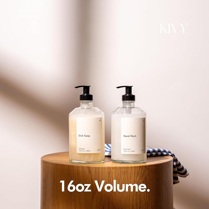 KIVY Glass Soap Dispenser Set [INCL. Waterproof Labels] - Glass Soap Dispenser with Pump - Hand Soap and Dish Soap Set - for Kitchen, Shower & Bathroom - Refillable (Matte White)