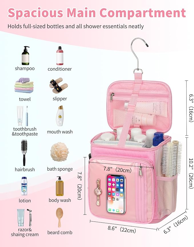 CUBETASTIC Mesh Shower Caddy Bag Portable - Large Capacity Shower Bag with Waterproof Phone Pocket & Sturdy Hook, Dorm Shower Caddy for Travel, Gym, College Essentials for Women & Men (Pink, M)