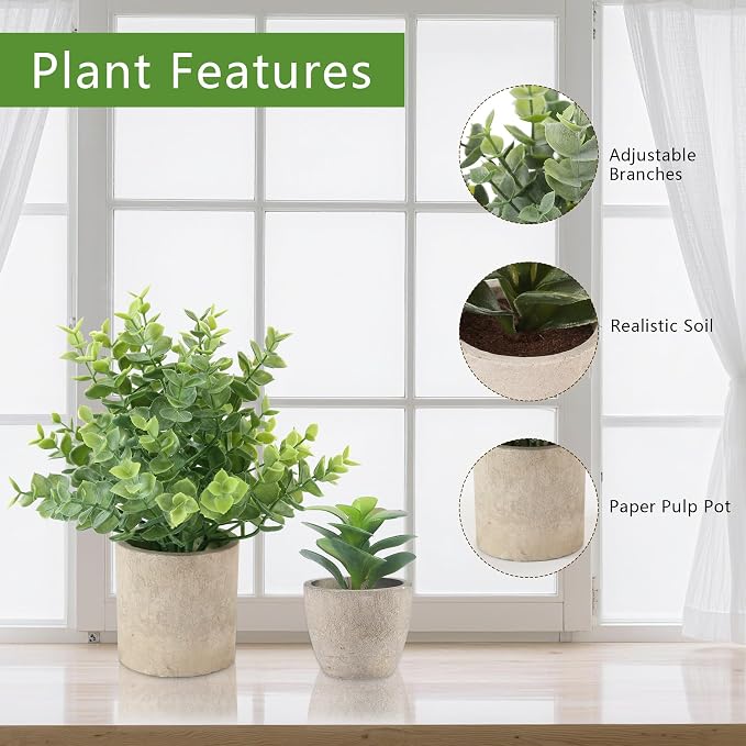 ALAGIRLS 4 Pack Small Fake Plants, 10" Artificial Plants Indoor | Eucalyptus/Rosemary/Succulents, Fake Plants for Farmhouse，Bathroom，Bedroom，Kitchen，Office Living Room Decor