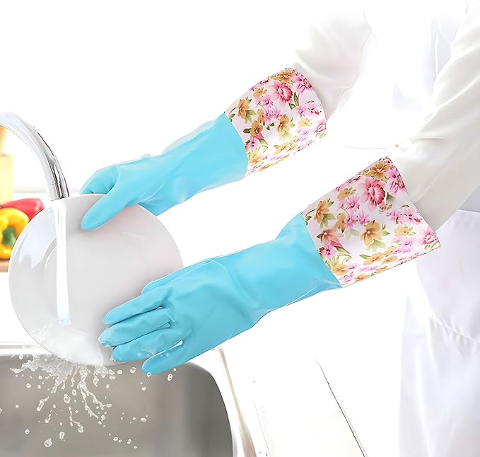 KINGFINGER Dishwashing Cleaning Gloves, 2 Pairs Reusable Rubber Gloves PVC Latex-Free Waterproof Long Cuff and Flock Lining Household Cleaning Gloves for Women
