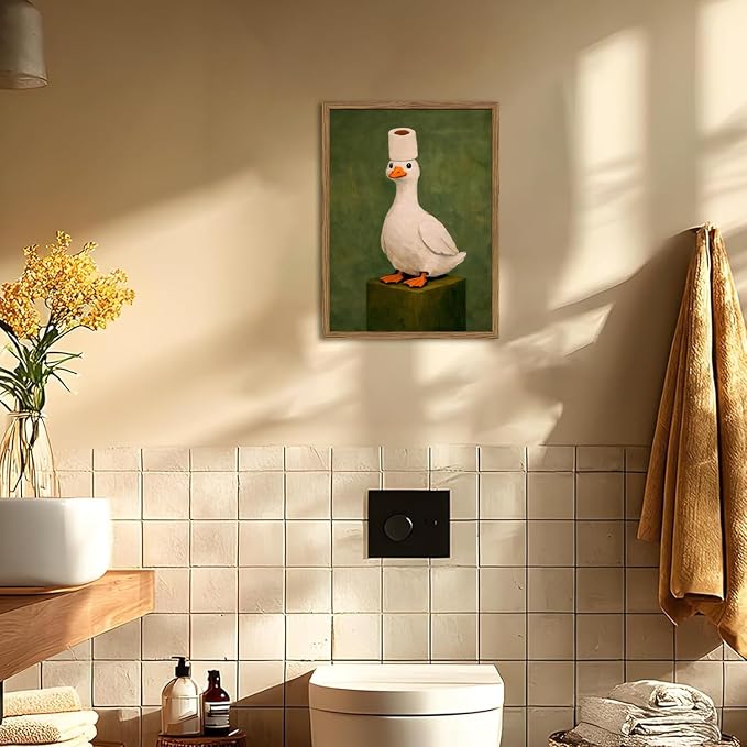 Funny Duck Bathroom Wall Art Cute Goose Toilet Paper Wall Decor Picture Vintage Animal Restroom Poster Canvas Painting Print 12x16 inch Wood Framed
