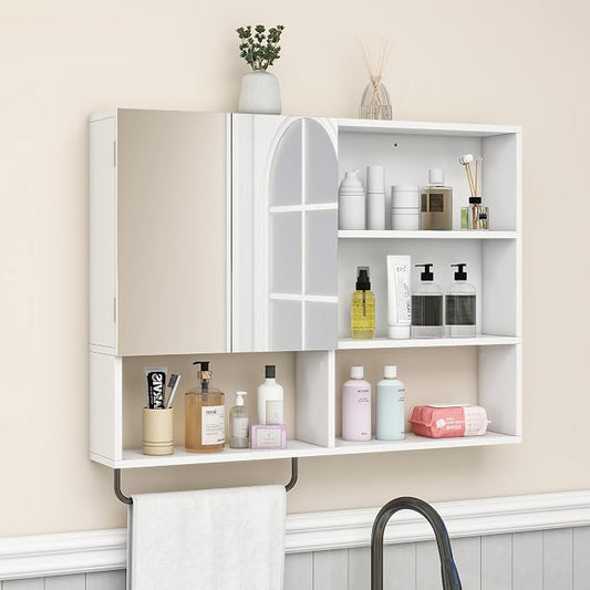 Bathroom Wall Cabinet, Medicine Cabinet, with Mirror & Towel Bar, White