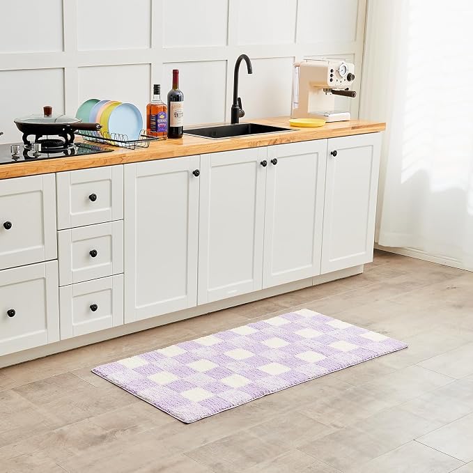 CozeCube Lavender Checkered Bath Mat 36"x24" Non Slip Washable Rug | For Bathroom Non Slip, Fluffy Absorbent Microfiber Bath Mats Machine Wash, Stylish Large Aesthetic Bathroom Rugs