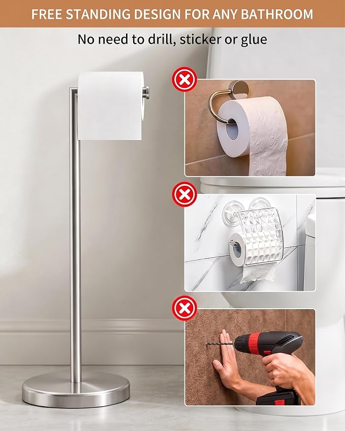 BWE Brushed Nickel Toilet Paper Holder Stand SUS304 Stainless Steel Modern | Freestanding Toilet Paper Roll Tissue Holder for Bathroom Toilet Paper Stand with Heavy Weighted Base Portable Saving Space
