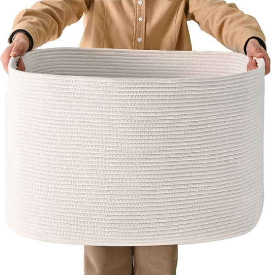 ICERZCZ White Laundry Basket, Blanket Baskets for Living Room, Cotton Rope Baskets for Storage, Woven Basket for Blankets, Toys, Clothes, Shoes, White, 25”x16”x16” (105L)