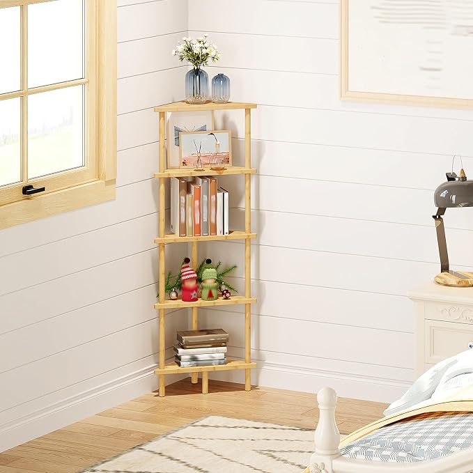 HOOBRO Corner Shelf Stand, 5-Tier Bamboo Corner Bookshelf, Plant Display Shelf, Corner Bookcase, Multipurpose Shelving Unit for Small Space, Living Room, Easy Assembly, Natural YL20CJ01