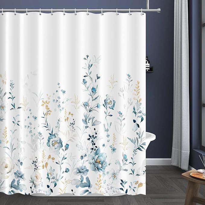 Tititex Aesthetic Blue Floral Shower Curtain, Watercolor Gold Leaves Plant Bathroom Decoration Shower Curtain Sets 71x71 Inch with Hooks