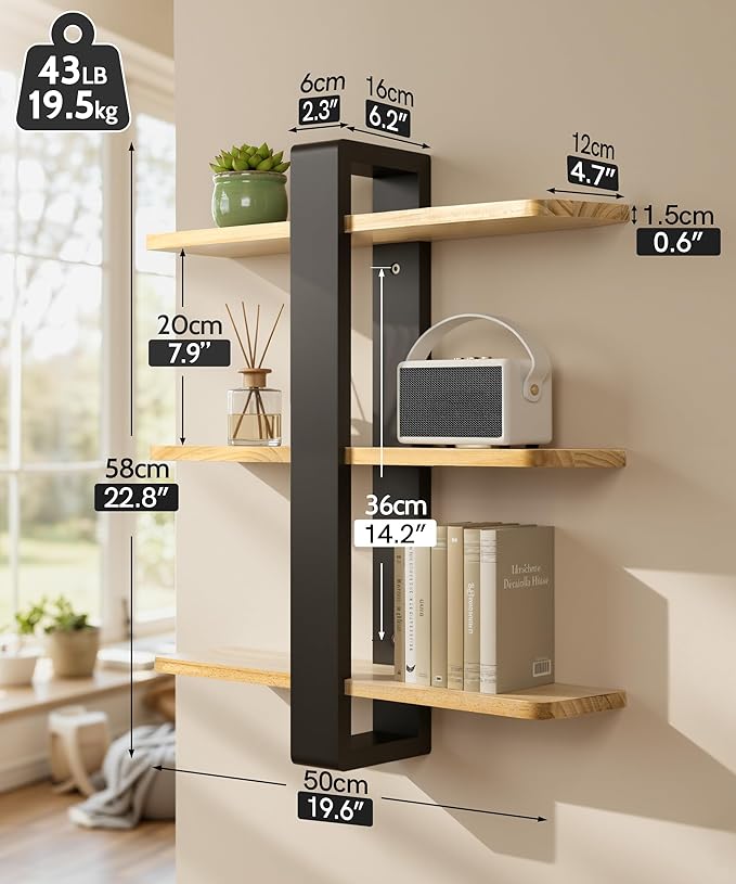 SUMGAR Floating Shelves for Wall Wood, 3 Tier Adjustable Plant Shelf Unit | 20 Inch All Pine Wood, Decorative Shleving, Plants Photos Display, for Living Room, Bedroom, Office, Bathroom