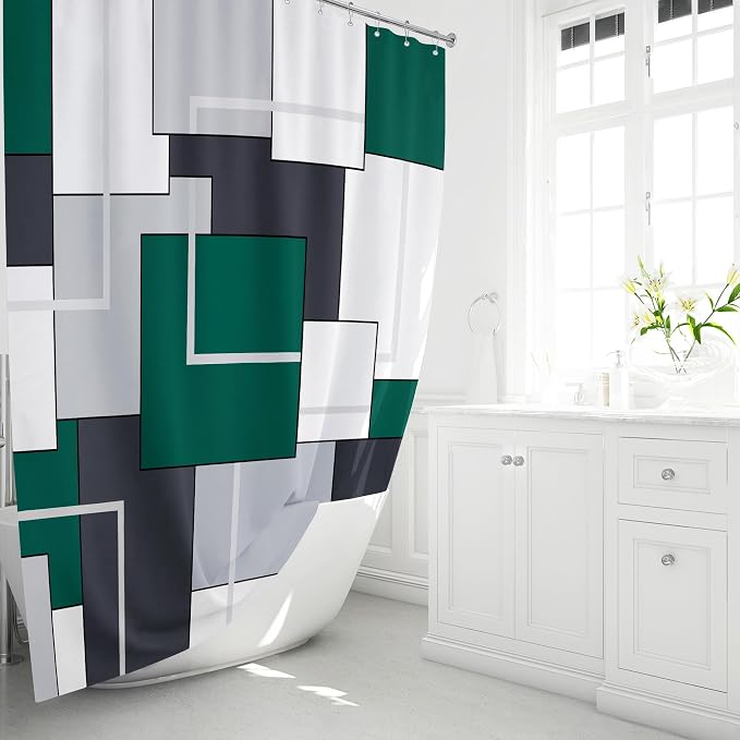 72 x 96 Long Geometric Waterproof Fabric Shower Curtain, Emerald Green | Extra Tall, Premium Polyester, Weighted Hem, 12 Plastic Hook, Vibrant Color, Wrinkle-resistant, Quick-Dry, Machine Washable
