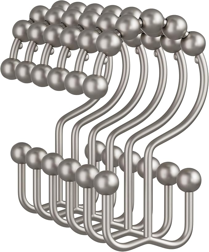 Shower Curtain Rings, Rust-Resistant Metal Double Shower Hooks for Curtain Rolling Shower Curtain Hooks Rings Shower Rings for Bathroom Shower Curtain Rod, Matte Nickel, Set of 12 Rings