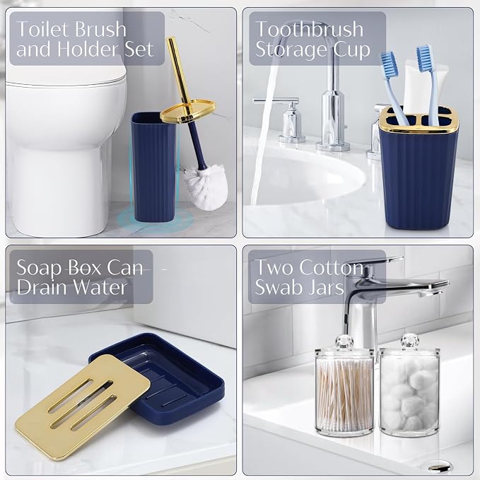 17PCS Bathroom Accessories Set, Navy Blue Bathroom Set Bathroom Accessories Set with Trash Can, Toilet Brush, Toothbrush Holder, Qtip Holder & 3PCS Soap Dispenser