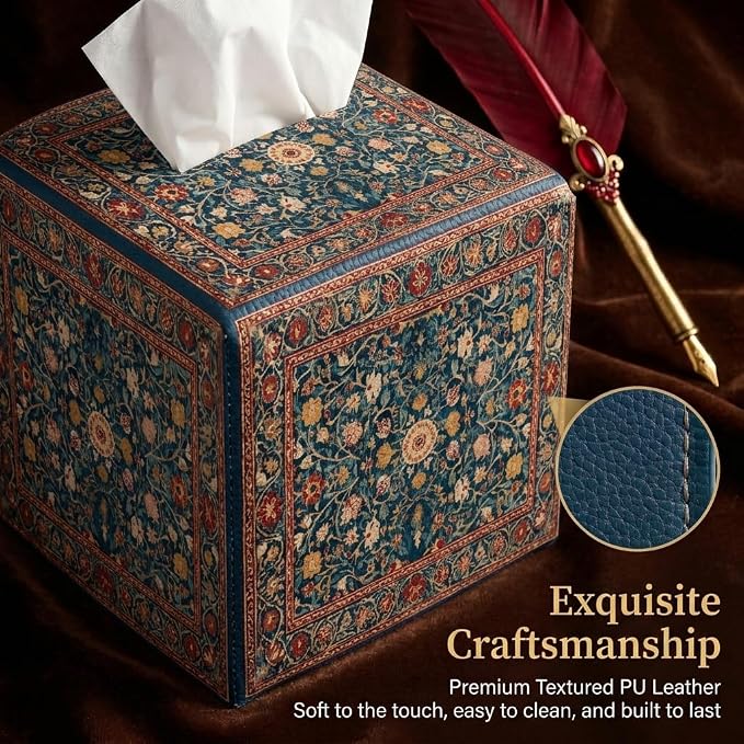 Tissue Box Cover Holder Square - Vintage Boho PU Leather Decorative Organizer, Ethnic Carpet Pattern Design Inspired, with Bottom Belt for Bathroom Car Office Tabletop Home, 5x5 Inch (Blue&Red)