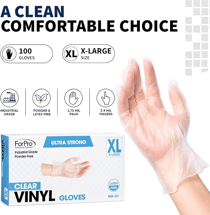 ForPro Disposable Vinyl Gloves, Industrial Grade, Powder & Latex Free, Non-Sterile, Food Safe, 2.75 Mil Palm, 3.9 Mil Fingers