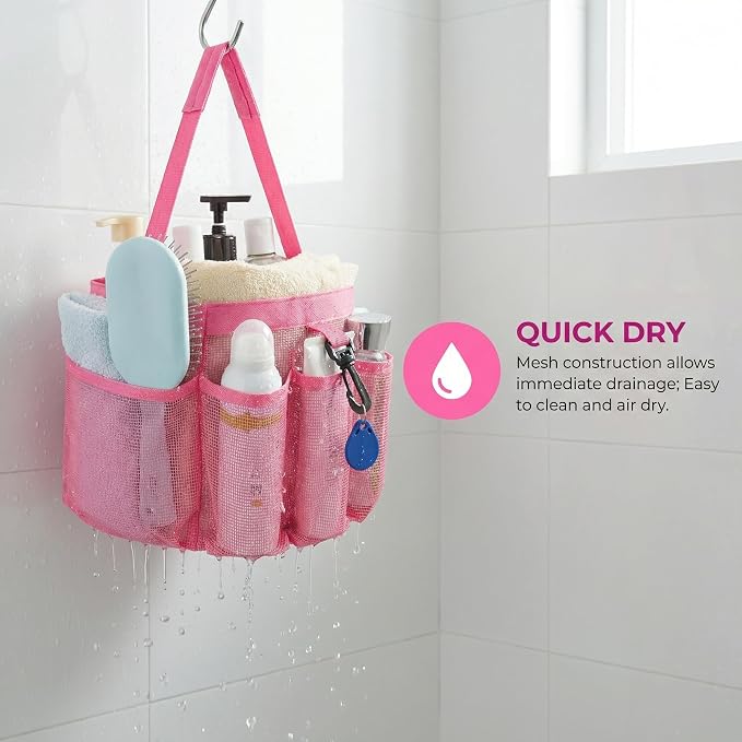 Mesh Shower Caddy Portable for College Dorm Room Essentials,Hanging Shower Caddy Dorm Basket with 8 Pockets,Quick Dry Shower Bag for Bathroom,Beach,Swimming,Gym (Light Pink)
