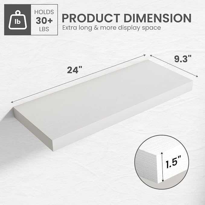 24 in Floating Shelves for Wall Decor Color White,Pack 2 | Modern floating shelves for living room,bedroom,kitchen and bath.Organize & display books,photos and decor.easy mount,sturdy.