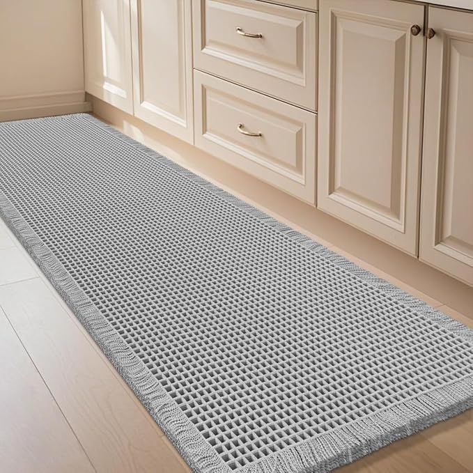 Waffle Bath Mat Light Grey 5'x2', Boho Woven Modern Bath Mat Rugs, Absorbent Non Slip Bathroom Rugs, Soft Washable Bath Rugs with Tassels for Bathroom, Bedroom, Kitchen, Shower, Tub