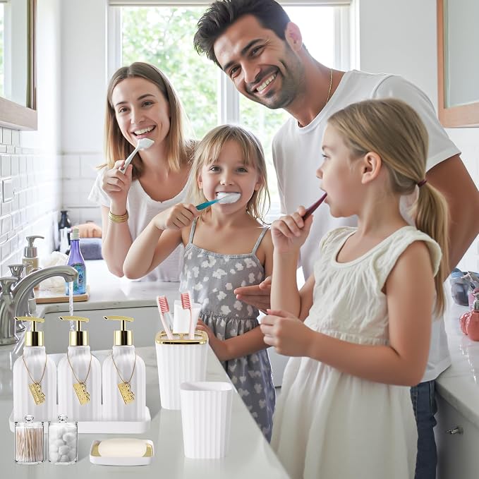 21PCS Bathroom Sets with Shower Curtain and Rugs Bathroom Accessories Set White Bathroom Set Complete with Trash Can, Toilet Brush, Qtip Holder & 3PCS Soap Dispenser