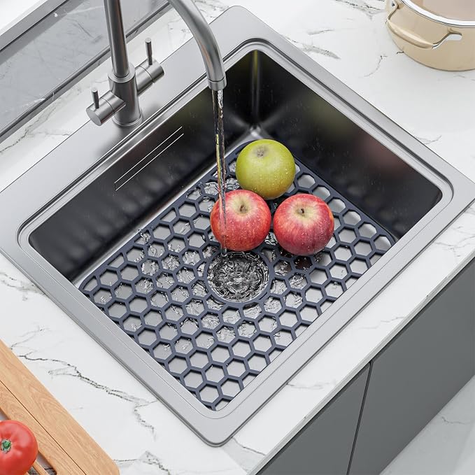 Bestjing Silicone Sink Protectors for Kitchen Sink -12" 13" 16" 18" 19" 24" 26" 28" 30", Non-Slip Heat Resistant Mat for Bottom of Farmhouse Porcelain Stainless Steel (16.2"x12.5" Center Drain, Gray)