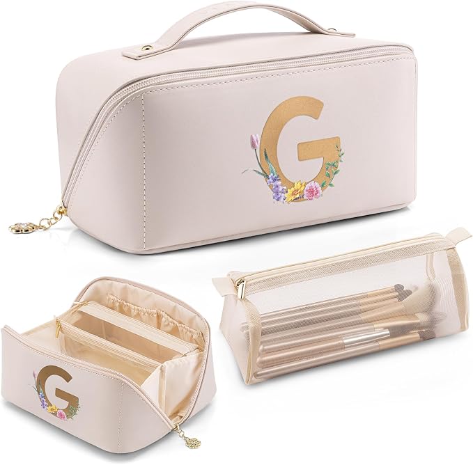 VLANDO Makeup Travel Bag with Separate Brush Pouch,Letter G,Off White | PU Leather Personalized Toiletry Bag,Open Flat Cosmetic Skincare Organizer,Gifts for Women,Bridesmaid,Teen