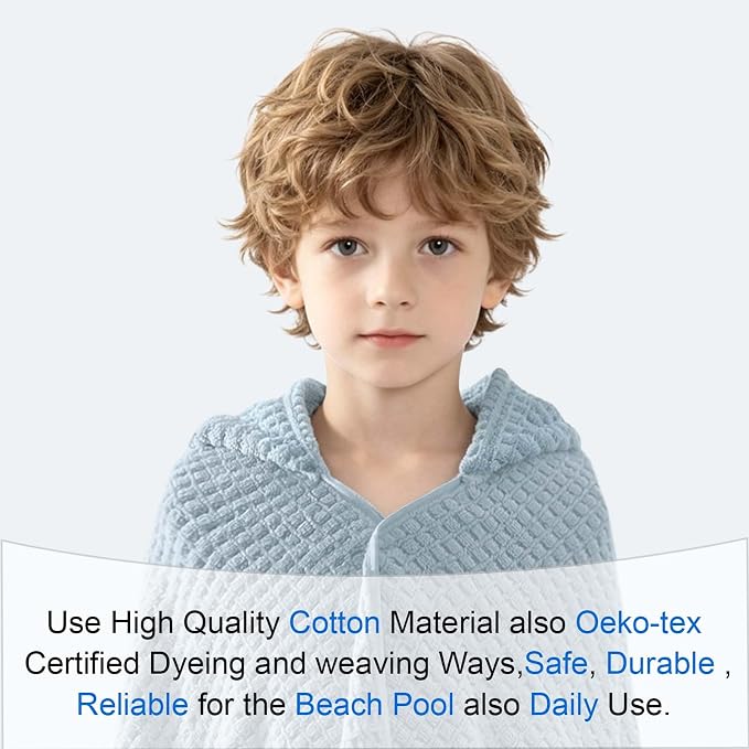 VOOVA & MOVAS Kids Hooded Bath Towel, 6-10 Years,Grey Blue Waffle | Unique Waffle Weave Surface, Dense Fabric, Powerful Absorbency for Multi Scenes