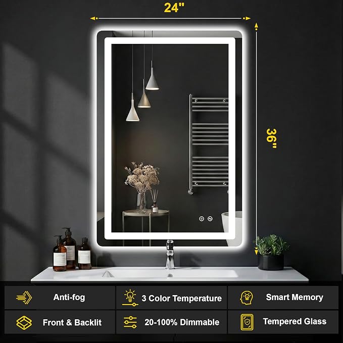 LED Bathroom Mirror with Lights, 24"x36" Lighted Vanity Mirror for Wall | Anti-Fog, Dimmable 3 Color Light, Backlit+Frontlit, Shatterproof Tempered Glass, Memory Function