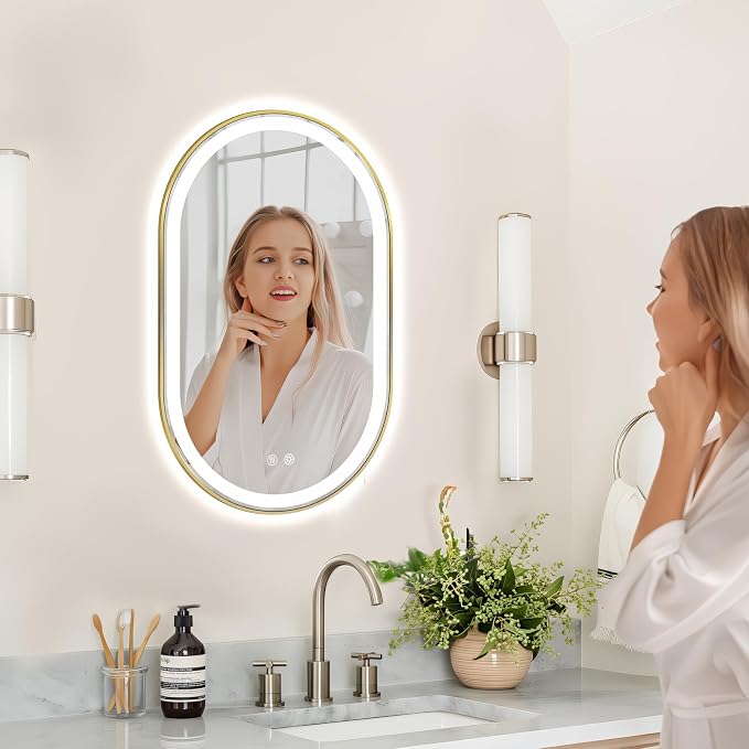 Oval LED Bathroom Mirror, Backlit + Front Lit Mirror Old Gold Frame | 3 Color Dimmable, Anti-Fog, 32"x20", Memory Function, Shatter-Proof, HD Glass, Pill-Shaped Mirror, Vertical or Horizontal