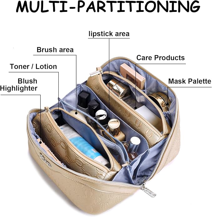 BOYATU Travel Makeup Bag Cosmetic Bags for Women: 3-Piece Makeup Bag Set | | Up to 20 3.4-oz Bottles | 180° Open-Flat Toiletry Organizer for Travel Essentials | Gift-Ready | (G-5-Gold Yellow)