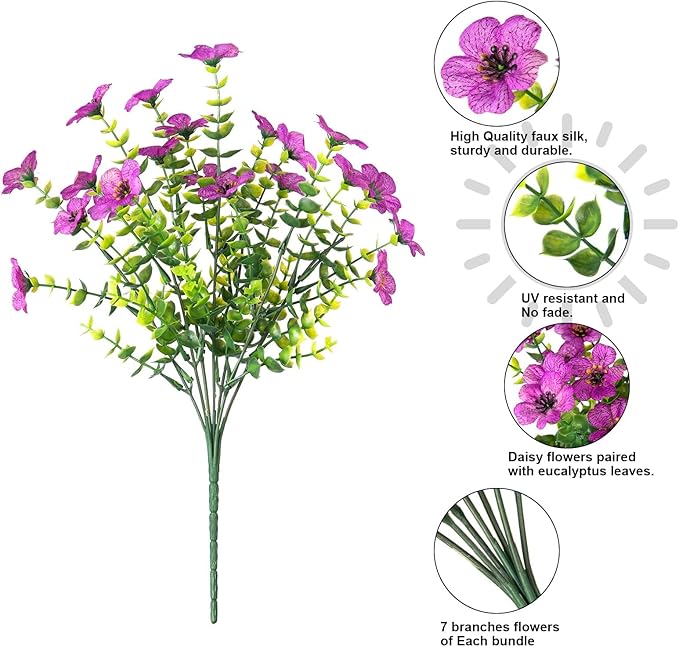 Artificial Faux Outdoor Flowers Plants for Summer Outside Decoration, 14 Bundles Fake Silk Colorful Daisy Ferns UV Resistant Realistic for Front Door Porch Planter Patio Yard