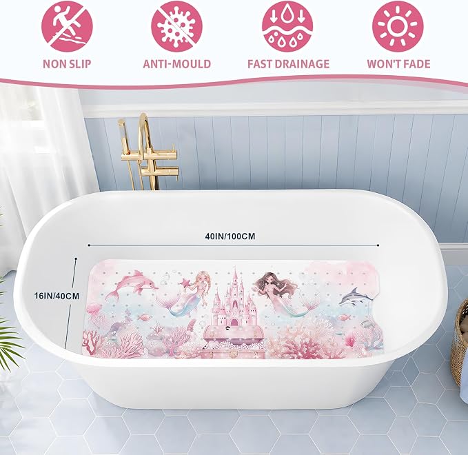 Baby Bath Mat for Tub Non Slip Kids, BPA Free Extra Long Bathtub Mat 40x16 with Drain Holes and 200 Suction Cups, Non Toxic Machine Washable Toddler Bath Mat, Eco-Friendly Certified