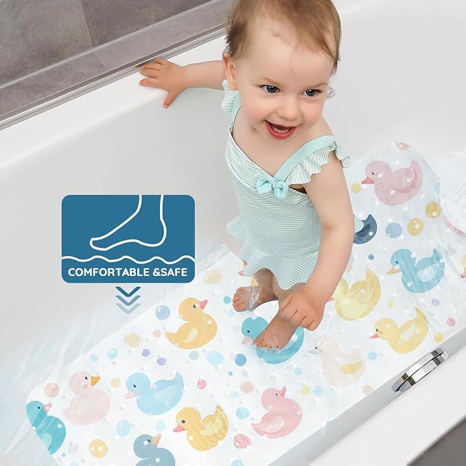 LNOND Bath Mat for Tub for Kids, Toddler Bathtub mat Non Slip, Colourful Cartoon Duck Kids Bath Mats for Bathroom Non Slip with Drain Holes and Suction Cups,Machine Washable (40 X 16 Inch)