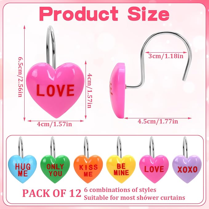 Valentine's Day Shower Curtain Hooks, 12Pcs Heart Shape Rustproof Resin Hooks with Love Messages, Decorative Bathroom Rings for Towel Curtain, 6 Colors