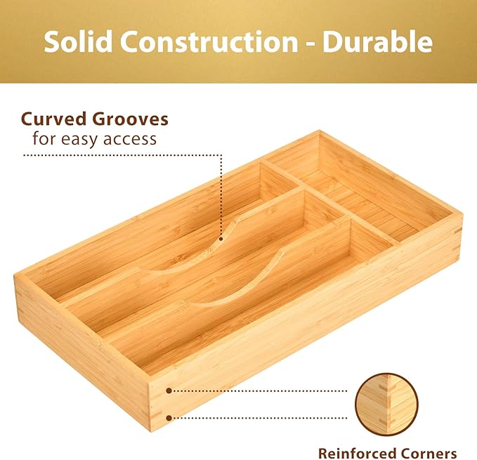 Bamboo Kitchen Drawer Organizer, 7 Inch Silverware Utensils Tray Holder for Small Drawer, Wood Caddy for Flatware Cutlery Knives