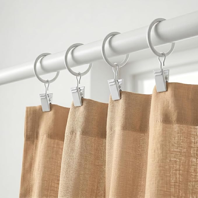 Lansian 44 Pack Curtain Rings with Clips Hooks 1.5 in Diameter Rustproof | Metal Stainless Steel Drapery Rings for Tension Rod Bracket Eyelets Decorative Hanger, Fits 1.38 in Rods, White